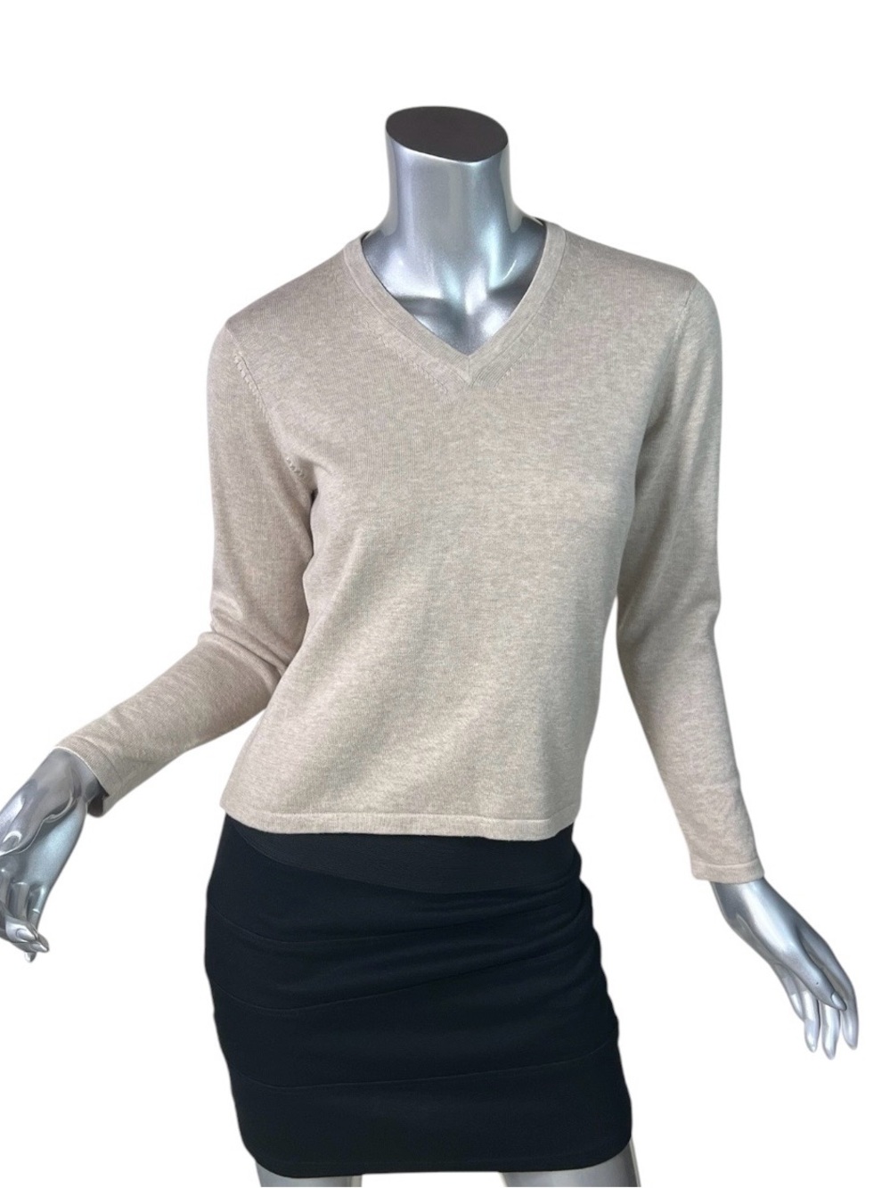 Liz Claiborne LIZSPORT PETITE Small Beige 100% Cotton V Neck Sweater